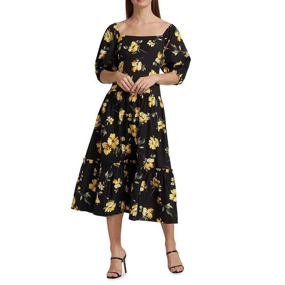Teri Jon By Rickie Freeman Midi Dress 16 Black Yellow Roses Tiered Summer - Picture 1 of 16